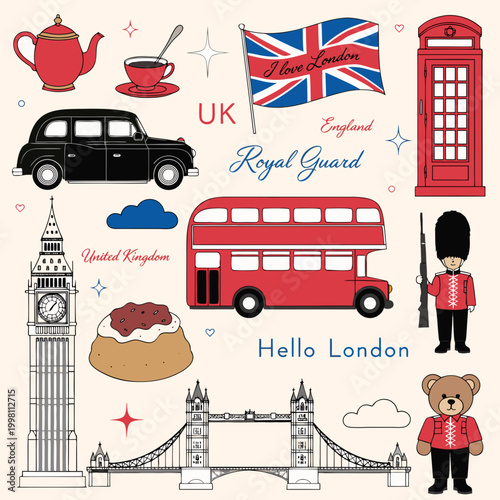 A colorful hand-drawn collage of iconic London/UK symbols, including Big Ben, Tower Bridge, a red double-decker bus, black taxi cab, red telephone box, Union Jack flag, a Royal Guar.