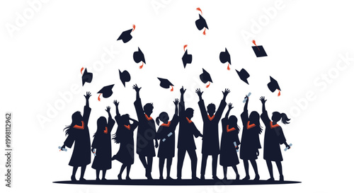 Silhouettes of graduates in robes throwing their caps into the air against a plain white background with a clean and bright lighting motif.