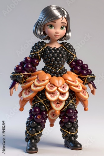 Fantasy 3D Illustration of a Stylized Woman in Plum and Burgundy Costume, Holding Glossy Apple Clusters