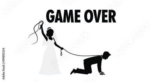 A graphic illustration depicts a bride standing with a whip and leash while a groom crawls on the ground against a neutral grey studio background setting.