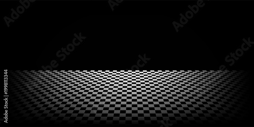 Empty, dark, psychedelicimage with black and white checker on the ground and ray of light in cloudy sky