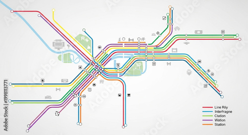 Abstract subway map with colorful lines and intersections.