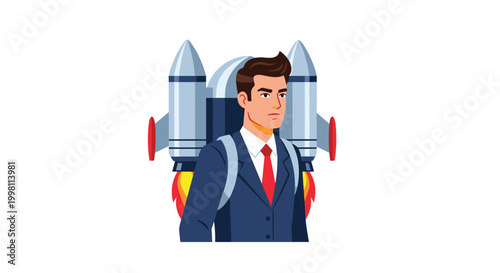 A professional businessman wearing a suit and a jetpack with active flames stands against a plain white background in a flat vector art style.