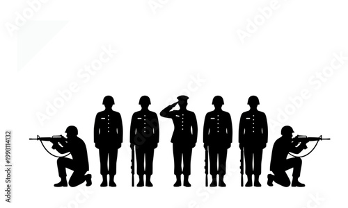 Military Soldier Silhouettes in Standing Saluting and Aiming Poses