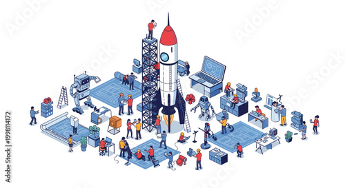 Isometric rocket launch preparation scene featuring engineers and robotic assistants working on spacecraft components in a detailed multi-colored vector graphic environment.