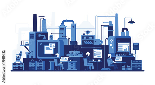 Industrial manufacturing facility featuring automated machinery and robotic systems operated by professional workers in a clean blue monochromatic vector design environment.