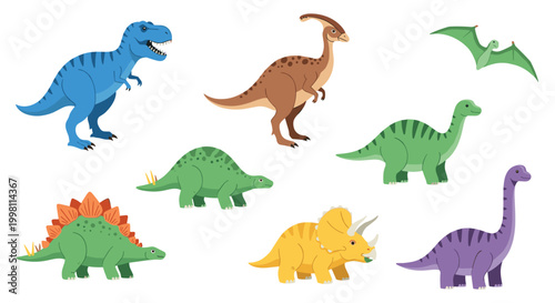 A set of seven colorful prehistoric dinosaur species including a blue T-Rex and a green Pterodactyl arranged on a clean white background for educational purposes.