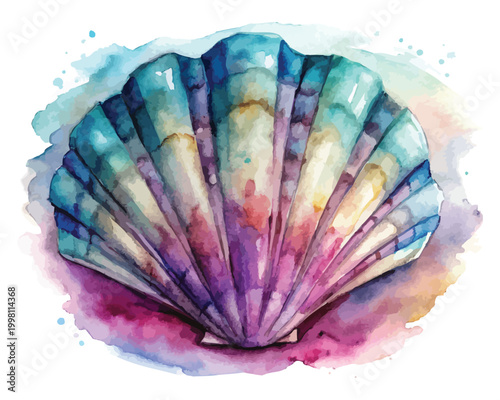 Hand-Painted Seashell Watercolor, Coastal Ocean Shell Icon, Isolated Vector Illustration