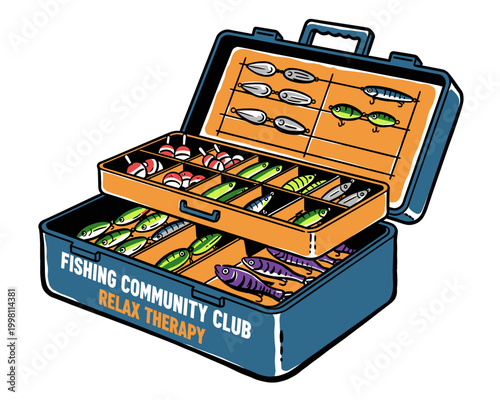 Fishing community club artwork. Tackle box vintage design. Relax therapy graphic for t shirt and apparel. Fishing lures print. Hobby outdoor design.