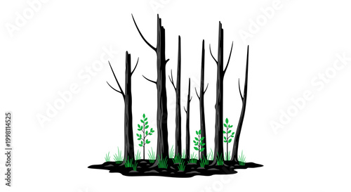 Young regrowth in burnt forest in flat vector style  on a transparent background