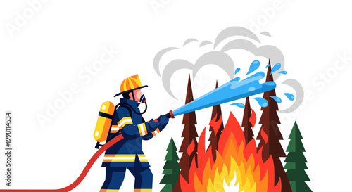 Firefighter extinguishing forest fire with water hose in flat vector style 