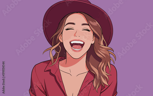 Joyful young woman laughing happily in flat illustration style