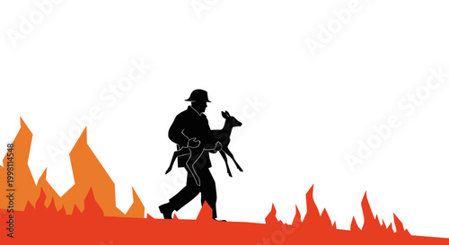 Firefighter rescuing animal from fire in dramatic flat vector  style  