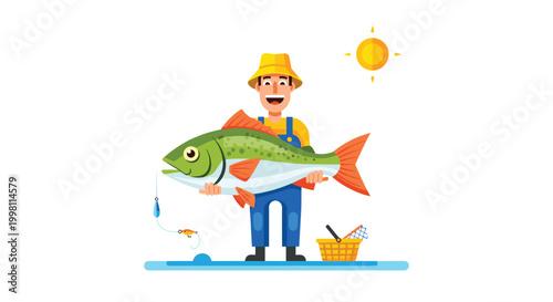 A cheerful cartoon fisherman wearing a yellow hat and blue overalls holds a large green fish while standing under a bright yellow sun illustration.