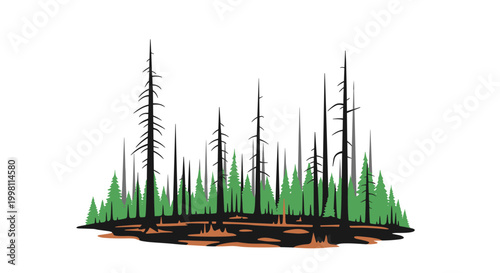 Young regrowth in burnt forest in flat vector style 