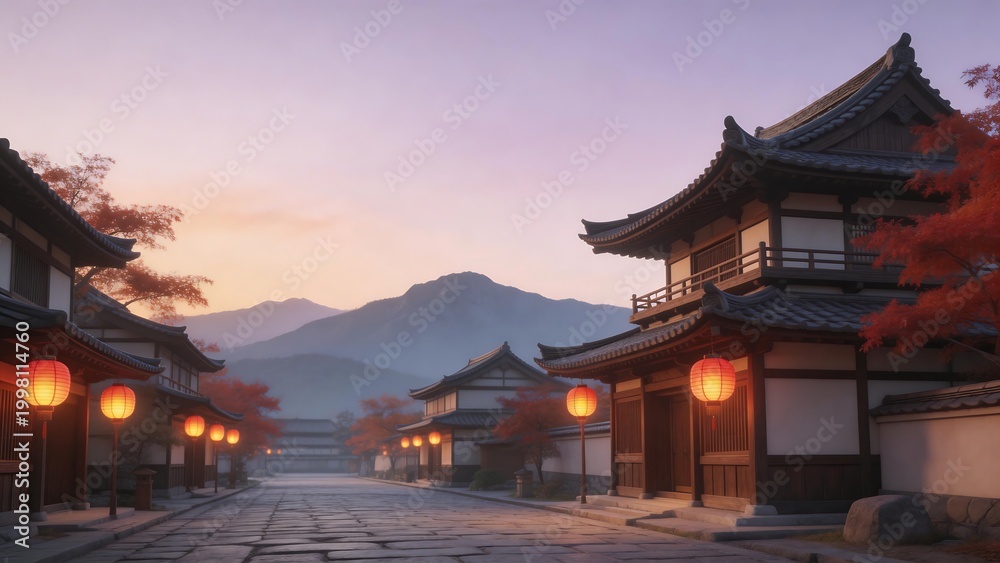 Fototapeta premium Traditional Asian street with lanterns and mountains