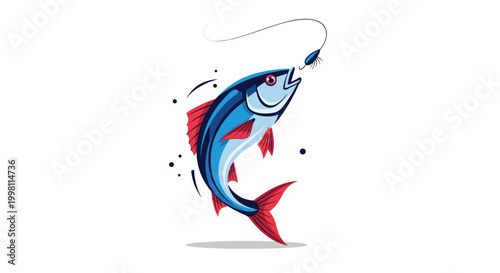 A stylized blue fish with red fins is depicted jumping towards a fishing hook against a plain white background in a clean vector art style.
