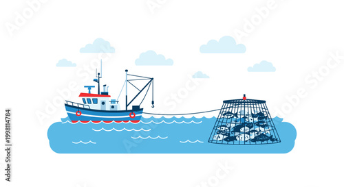 A blue and white commercial fishing boat pulls a large, circular wire cage filled with a fresh catch of fish through the calm blue ocean water.