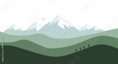 A group of four hikers with backpacks walks along rolling green hills towards a range of snow-capped mountains under a clear sky in a minimalist style.