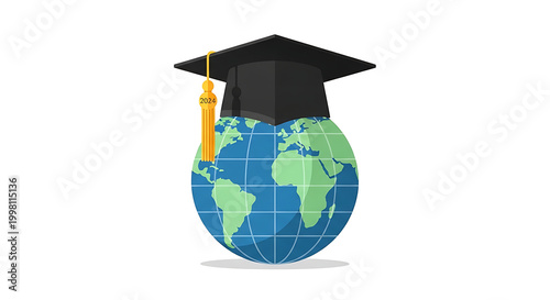 Graduation cap on globe, education icon, academic symbol, global learning