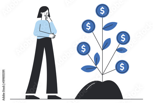 Woman reflecting on financial growth strategy while looking at a plant growing dollar coins from its branches representing long term investment success.