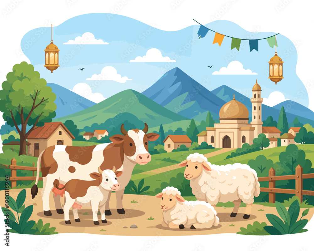 Naklejka premium Cartoon illustration of farm animals including a cow, calf, and two sheep in a rural landscape with a mosque, houses, and mountains under a festive sky with lanterns.