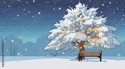 Cozy Winter Park Night With Snow Covered Holiday Tree