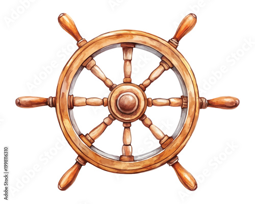 Watercolor Steering Wheel Clipart, Ocean Nautical Ship Wheel Illustration, Isolated on White