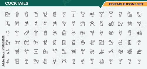 Cocktails icon set. Drink vector icon set. Icons for website. Pack of cocktail, drink, wine, martini, alcohol, beer, champagne and more. Editable stroke. Vector collection.