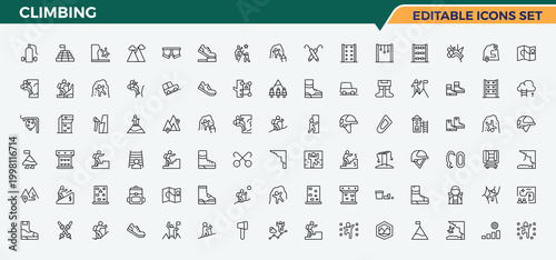 Climbing icon set. Minimalist editable vector stroke. Vector illustration in modern line style. Climb line icon set. It contains symbols to adventure, camp, mountain and more.