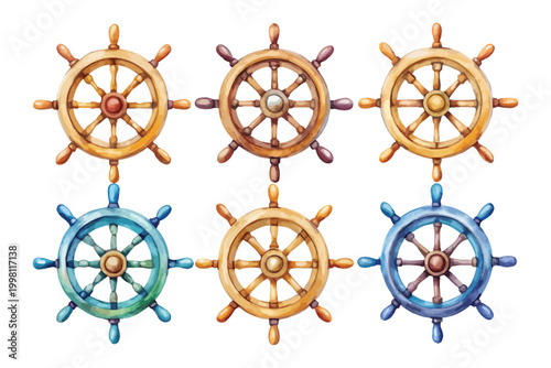 set of Watercolor Ship Wheel Icon, Nautical Steering Clipart, vector illustration Isolated on White background
