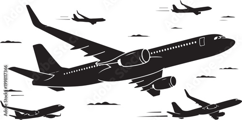 Modern commercial airplane flying with other jets isolated on transparent background