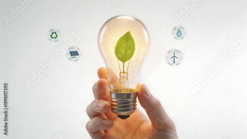 Hand holding light bulb with leaf and eco icons