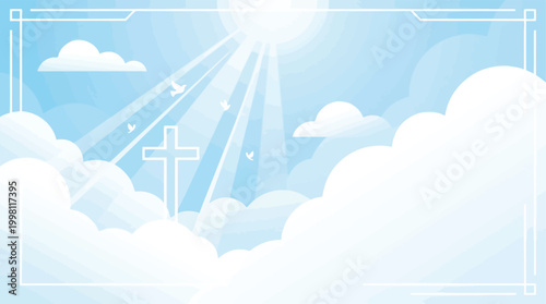 Jesus Christ Ascension with Cross and Heavenly Light Rays