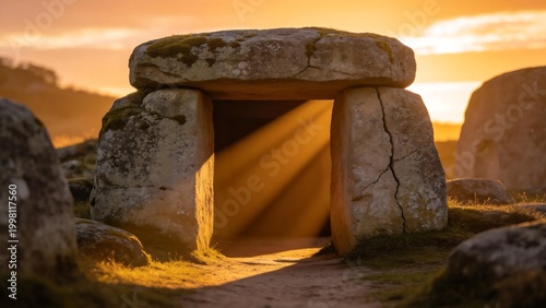 Ancient stone structure at sunset