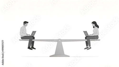 Two people on a seesaw with laptops