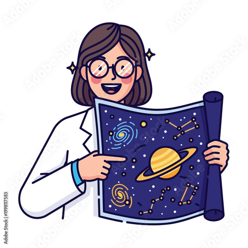 Female scientist pointing at galaxy map for space education vector illustration. Professional woman astronomer teaching about universe and stars on digital screen.