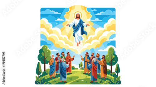 Ascension Day Jesus with Disciples and Blue Sky Background