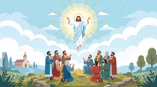 Jesus Christ Ascension with Disciples and Golden Light