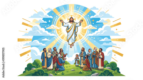 Jesus Christ Ascension with Disciples on Hill Landscape