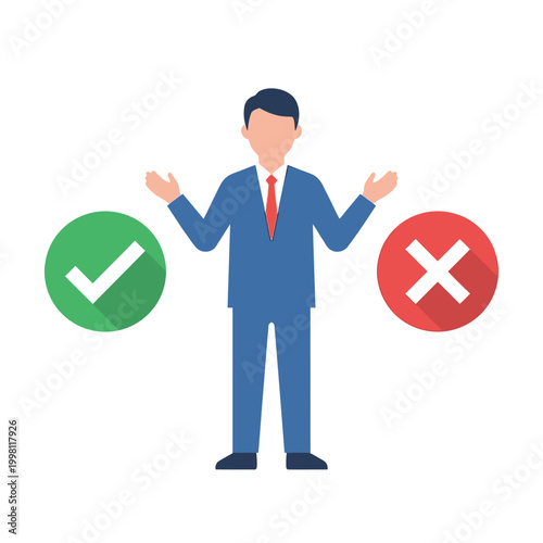 a flat vector illustration of a business professional making a decision between two options