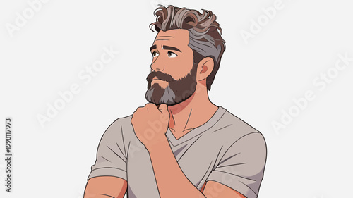 Thoughtful middle-aged man with beard looking upwards