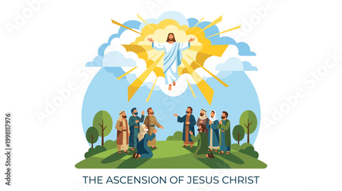 Ascension of Jesus Christ with Disciples and Sky Background