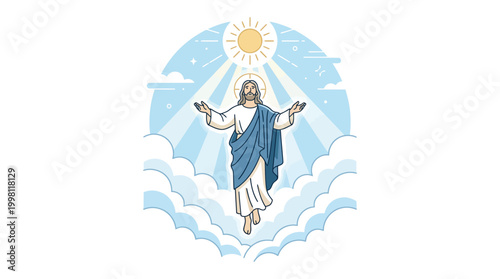 Ascension of Jesus Christ with Open Arms in Heavenly Clouds