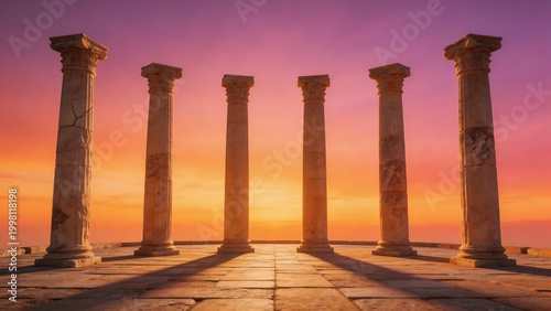 Ancient stone columns at sunset