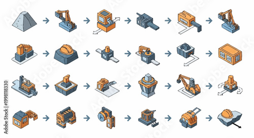 Photos Isometric illustration of an industrial production process, from raw materials to finished goods