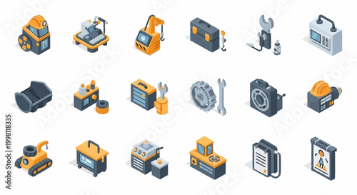 Collection of isometric industrial equipment and tools, including machinery, construction elements, and repair items.