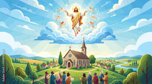 Ascension of Jesus Silhouette with Church and Crowd