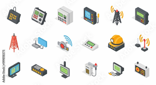 Φωτογραφία Collection of isometric electronic devices and communication equipment, including radios, monitors, and transmitters