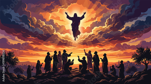 Ascension Day Jesus Christ Silhouette with Disciples Group
